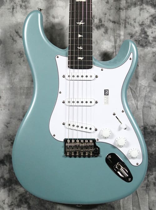 PRS Silver Sky guitar in polar blue close up front view