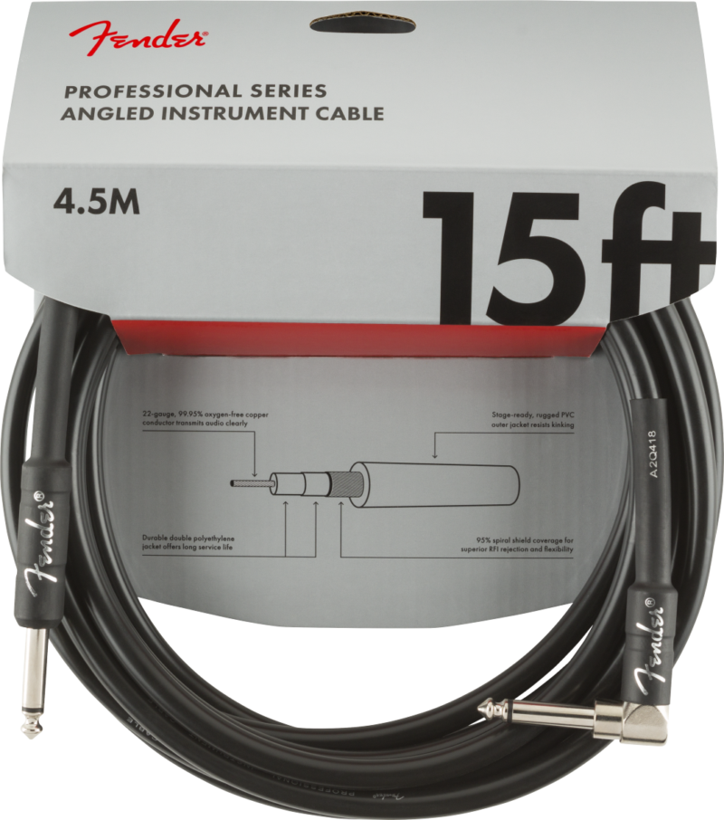 Fender PRO 15' Instrument Cable Black - Angle/Straight