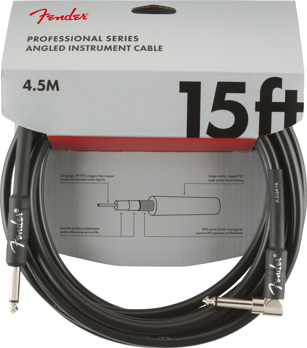 Fender PRO 15' Instrument Cable Black - Angle/Straight